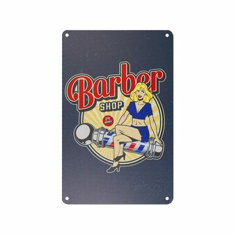 barbershop wanddecoratie met opdruk van vrouw en barberpole.