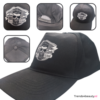 Overzicht en details barber pet zwart.