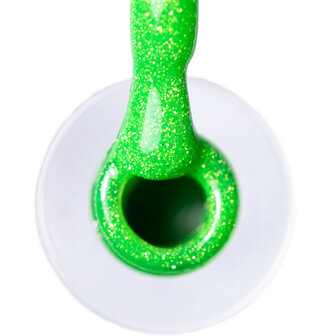 Gellak Neon groen met glitter in open potje en kwastje.