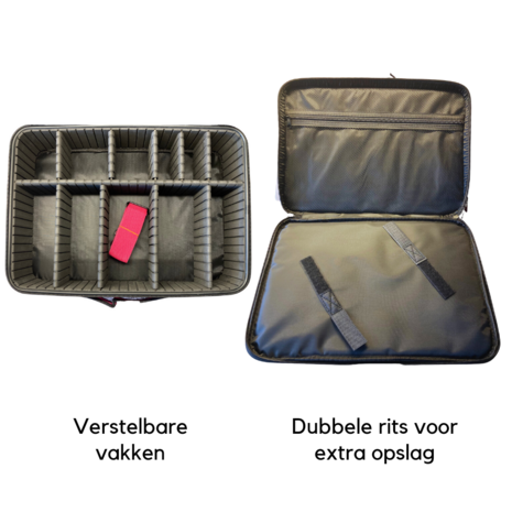 Verstelbare vakken en dubbele rits voor extra opslag.
