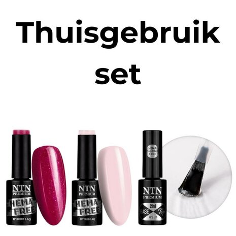 Gellak potjes voor thuisgebruik: twee kleuren gellak en een 2-in-1 base en topcoat van NTN Premium.