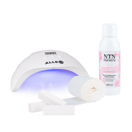 Gellak starterset tools met UV/LED nagellamp, cleaner, polijstblok en stofvrije wattenschijfjes.