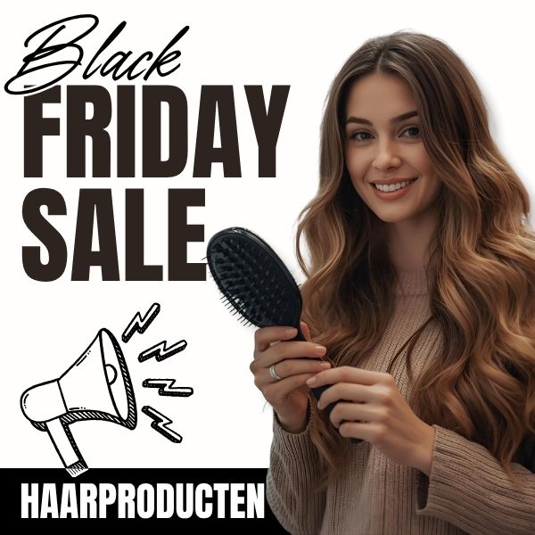 Black Friday Haarproducten Sale: Vrouwelijk model met glanzend, gezond haar en haarborstel.
