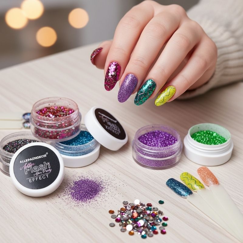 Nageldecoratie voorbeeld: hand met verschillende nail art designs en glitters, poeders en nagelsteentjes