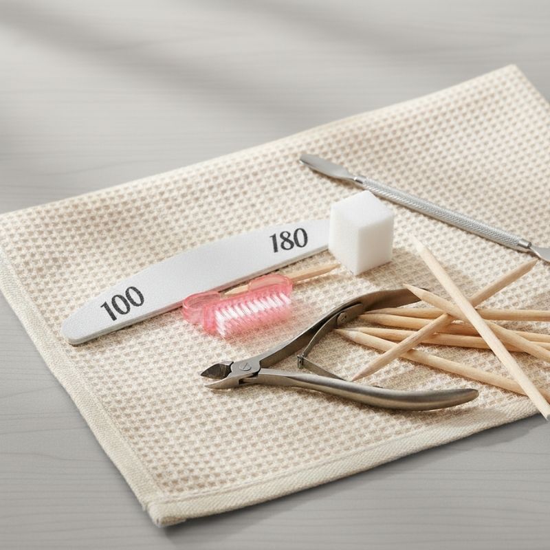 Nageltools voor manicure: bokkenpootje, nagelvijl, polijstblok, cuticle pusher, nagelborstel en nagelriemtang op een katoenen doek.