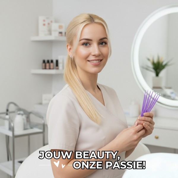 Beautyspecialist met paarse microbrushes in de salon: uw groothandel voor professionele beautyproducten voor salon en thuissalon.