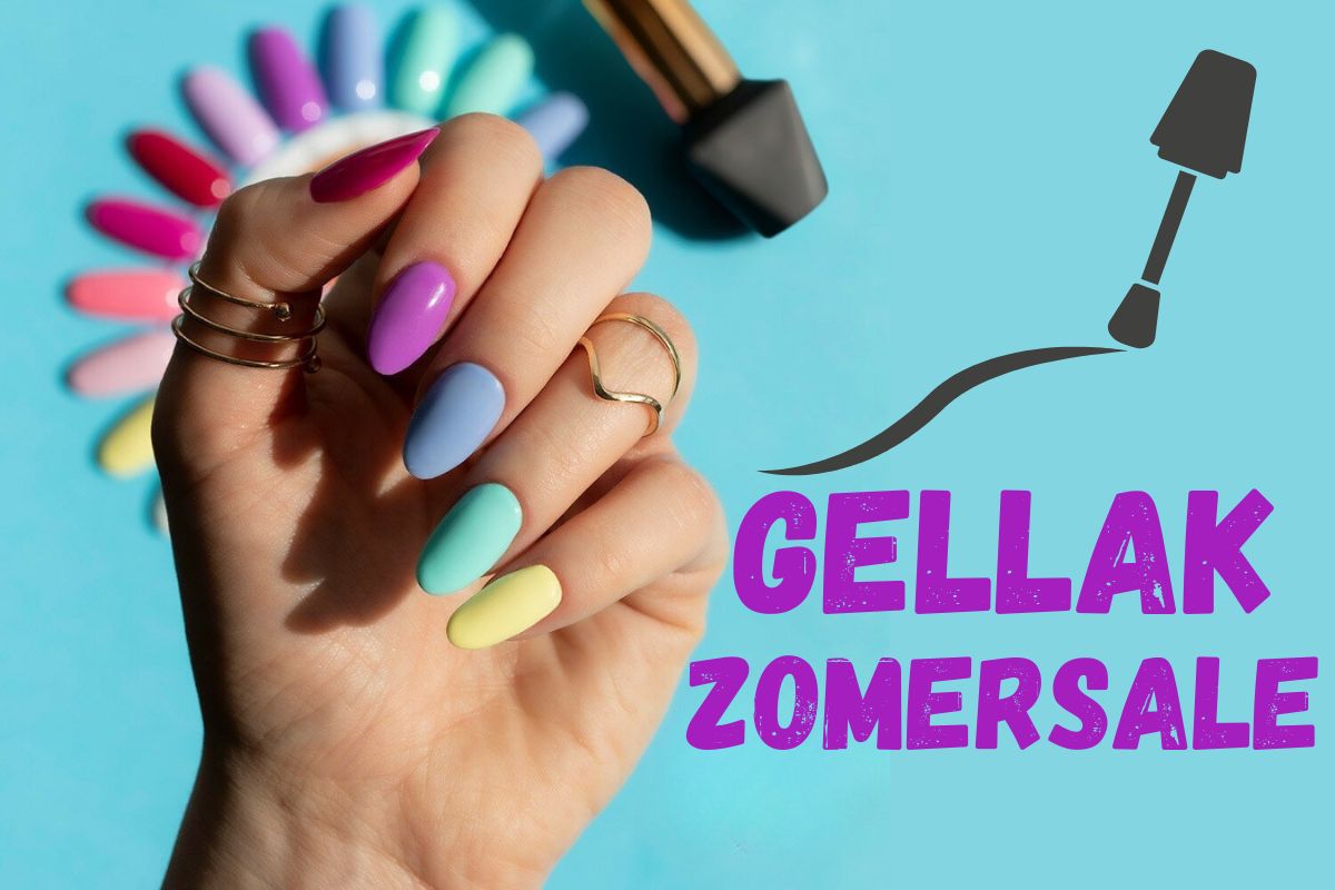 Zomerse hand met gellak in felle kleuren en tekst 'Gellak Zomersale' – actie Trends4Beauty 2025