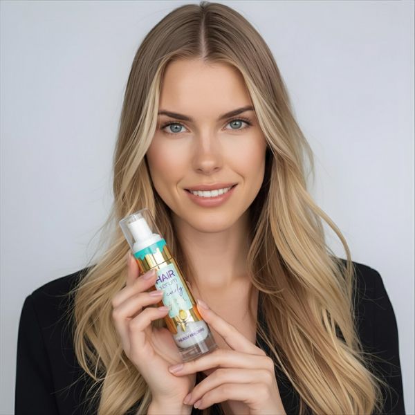 Model lacht met Vollare haarserum olie, symbool voor professionele haarverzorging.