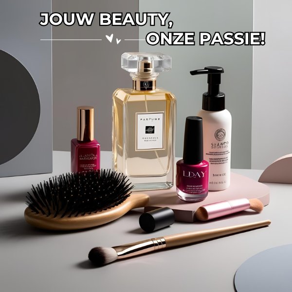 Beauty essentials zoals een make-up kwast, nagellak, shampoo en borstel, geïnspireerd op onze categorieën kappersbenodigdheden, nagelproducten, parfum en beauty. Jouw Beauty, onze passie!