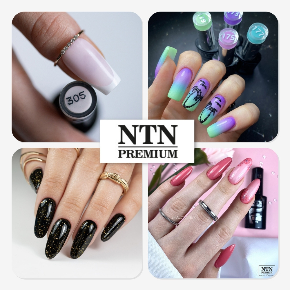 NTN Premium nagelproducten collage met gellak kleuren, French manicure en gold flakes topcoat