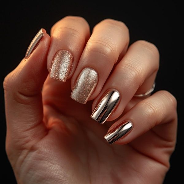 Hand met nail art nageldecoratie: chrome effect zilver, sugar effect en texture effect.