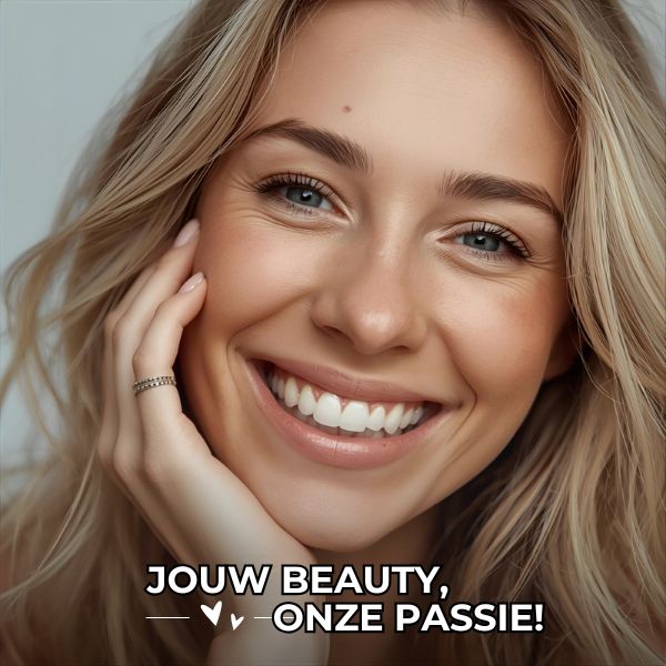 Vrouwelijk model met blonde haren en lichte make-up, vertegenwoordigt ons assortiment professionele beauty, nagel en kappersproducten.