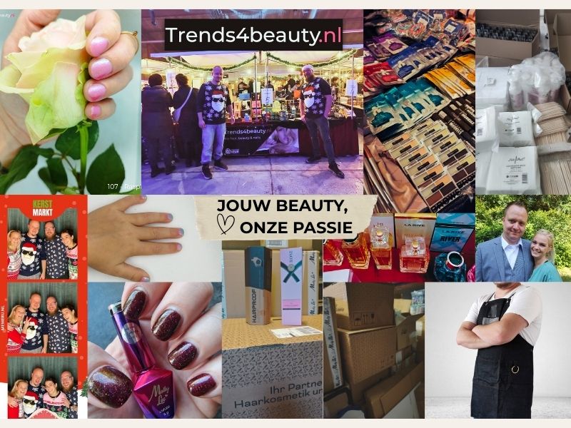Collage van Trends4beauty: eigen gemaakte foto's van ons team op de kerstmarkt, het magazijn in Almelo, en ons complete assortiment (gellak, nagelproducten, parfum en beautyproducten).