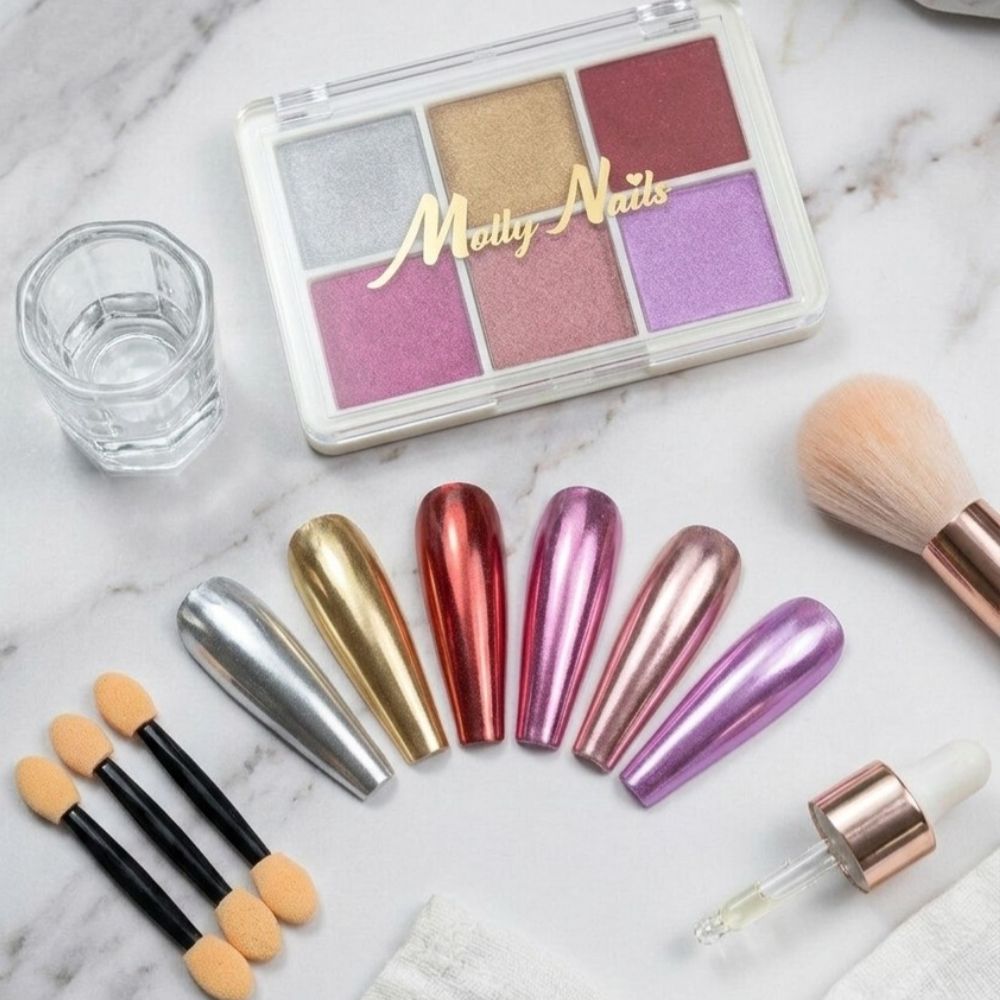 De zes meest populaire chrome mirror effecten voor de nagels in 1 handige palette