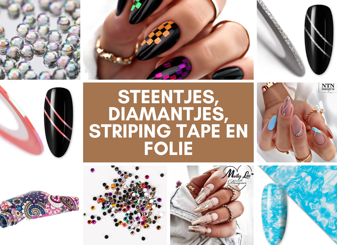 Nageldecoratie met steentjes, diamantjes, striping tape en nagelfolie